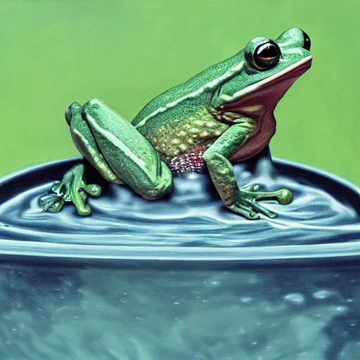 Image similar to a frog in a boiling pot of water, surrealist, absurdist painting