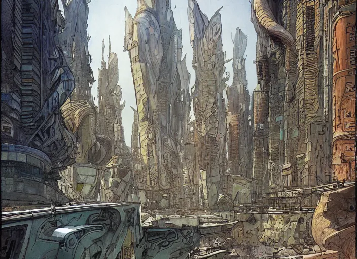 Image similar to close up city street view on an alien planet by moebius, earth and pastel colors, architecture by gaudi, mutant inhabitatnts by enki bilal, dramatic perspective, very coherent, trending on artstation