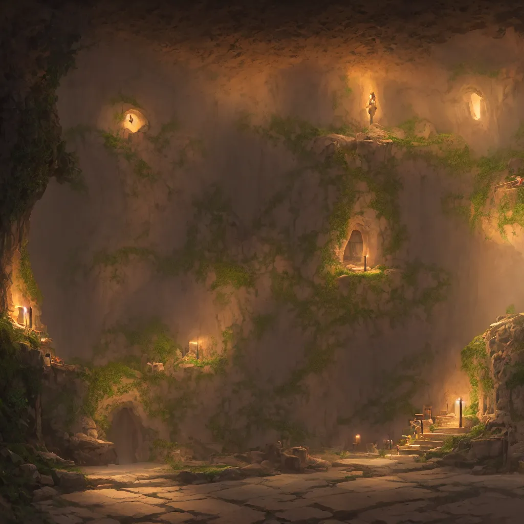 Image similar to ground floor of secret overwatch common area carved inside a cave, doors to various living quarters, magical, natural light, huge central tree, flowers, candle light, cinematic lighting, clean lines, cozy, fantasy, minimalist architecture, sharp focus, concept art, octane render 4 k, artstation, by greg rutkowski