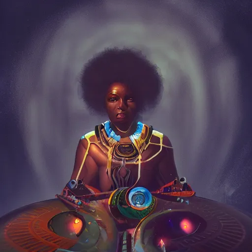 Image similar to afrofuturistic techno - mage uploading ancestral knowledge to the uni - mind interface, dark fantasy, occult, high - quality surrealist painting, artstation