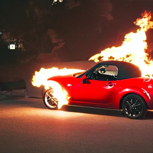 Image similar to a mazda mx-5 jumping through a hoop on fire, a crowd of people are sitting on benches in the background, there's a shark in a tank visible