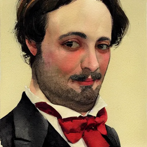 Image similar to Portrait of a handsome man with thick mutton chops. shaved chin, wearing a suit. colorful necktie, pale white face, long messy hair, long hair, ((red)) baggy eyes, tired eyes, tired face, disco smile, watercolor, brushstrokes, high detail, artstation, medium detail, by Ilya Repin and Dave McKean and Greg Rutkowski