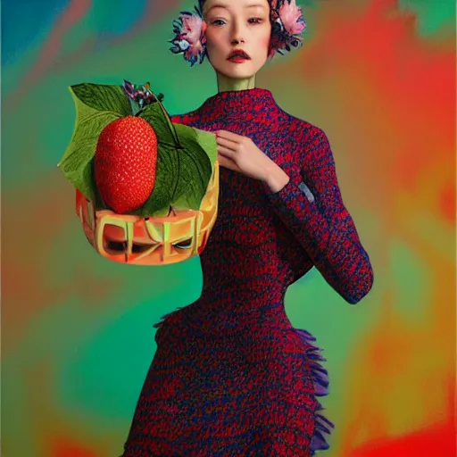 Image similar to pretty model with fruit : : by martine johanna and simon stalenhag and chie yoshii and casey weldon and wlop : : ornate, dynamic, particulate, rich colors, intricate, elegant, highly detailed, vogue, harper's bazaar art, fashion magazine, smooth, sharp focus, 8 k, octane render