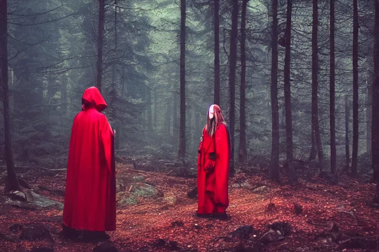 Prompt: dark demon priest in red robes with tentacles in a swedish forest, very low angle photograph, very detailed, trending on artstation, realistic, soft colors, illustration by john bauer, simon stålenhag