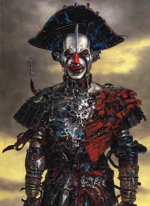 Image similar to portrait of a diabolical cyborg clown samurai, torn cape, adaptive armor, dynamic pose, heavy eyes to the side, ancient ruins, glowing veins subsurface scattering, in clouds, sunset, portrait, by gerald brom, by mikhail vrubel, by peter elson, muted colors, extreme detail, reflections, trending on artstation, 8 k