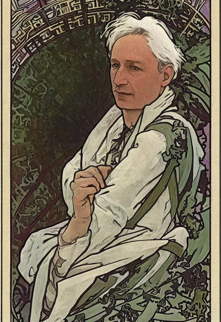 Prompt: realistic white - haired geoffrey hinton on a tarot card, tarot in art style by alphonse mucha