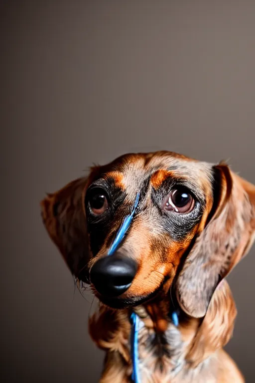 Prompt: Photo of a dachshund with Ron Swanson moustache, portrait, 3/4 view, Refined, Detailed professional photo, 50mm lens, Canon eos, blurry distant background, Highly Detailed, Cinematic Lighting, 8k