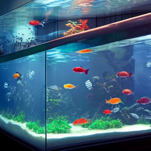 Prompt: Looking down at fishes through the transparent glass aquarium floor, by Greg Rutkowski andThomas Kinkade, trending on artstation 4k.