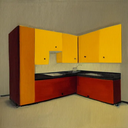 Prompt: interior of a kitchen, abstract painting cabinet texture, yellow, orange, brown, photorealist, 4 k