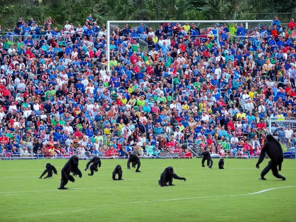 Image similar to gorillas playing a soccer game in a stadium full of people, vivid