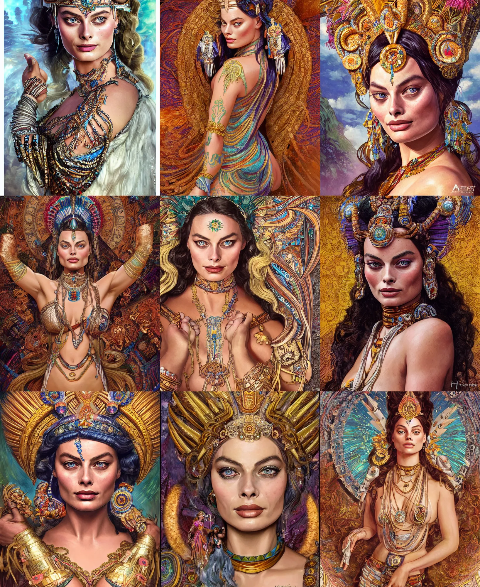 Prompt: Margot Robbie as a Mayan Goddess, cute, fantasy, intricate, elegant, highly detailed, digital painting, 4k, HDR, concept art, smooth, sharp focus, illustration, art by artgerm and H R Giger and alphonse mucha