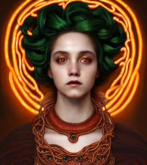 Prompt: portrait of teenage medusa, bald, raised eyebrow, wicked smile, black snakes cover her head, wearing an embroidered orange tunic, intricate, elegant, copper and emerald jewelry, glowing lights, highly detailed, digital painting, artstation, concept art, smooth, sharp focus, illustration, art by wlop, mucha, artgerm, and greg rutkowski