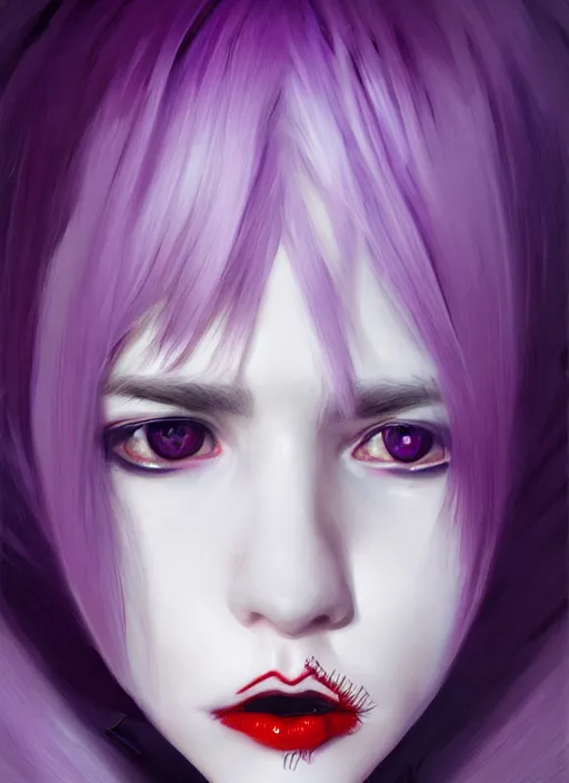 Image similar to portrait of white teenage girl, normal face, white bangs, mall goth, cyberlox, black and white hair, bangs, fluffy bangs, red contact lenses, purple lipstick, intricate, elegant, highly detailed, digital painting, artstation, concept art, sharp focus, smooth, illustration, art by wlop, mars ravelo and greg rutkowski