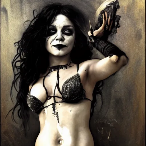 Image similar to beautiful portrait of vanessa hudgens as death from sandman, smiling, by cedric peyravernay, alphonse mucha, by jeremy mann, by lecouffe deharme, goth chic, soft lightning, eyeliner, punk rock, high detailed, 8 k