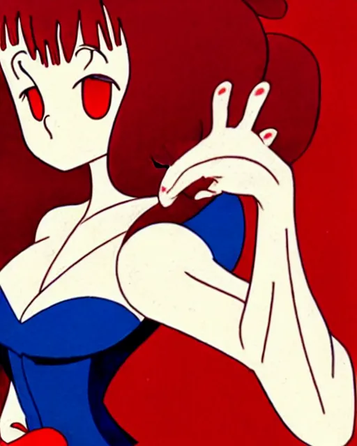 Image similar to style of osamu tezuka, rumiko takahashi : : gorgeous vampire amy adams : : sharp teeth fangs, open mouth sneer : : symmetrical face, symmetrical eyes : : gorgeous red hair : : magic lighting, low spacial lighting : :