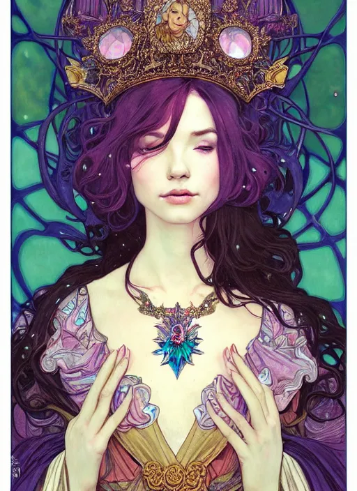 Image similar to portrait of jeanpierrepernauttv, cloak, royally decorated crystal gemstones, symmetrical face, art nouveau, portrait, cute, fairy, by mai yoneyama, kelly mckernan, greg rutkowski, alphonse mucha, detailed background, artstation, intricate, elegant, highly detailed, colorful, maximalist