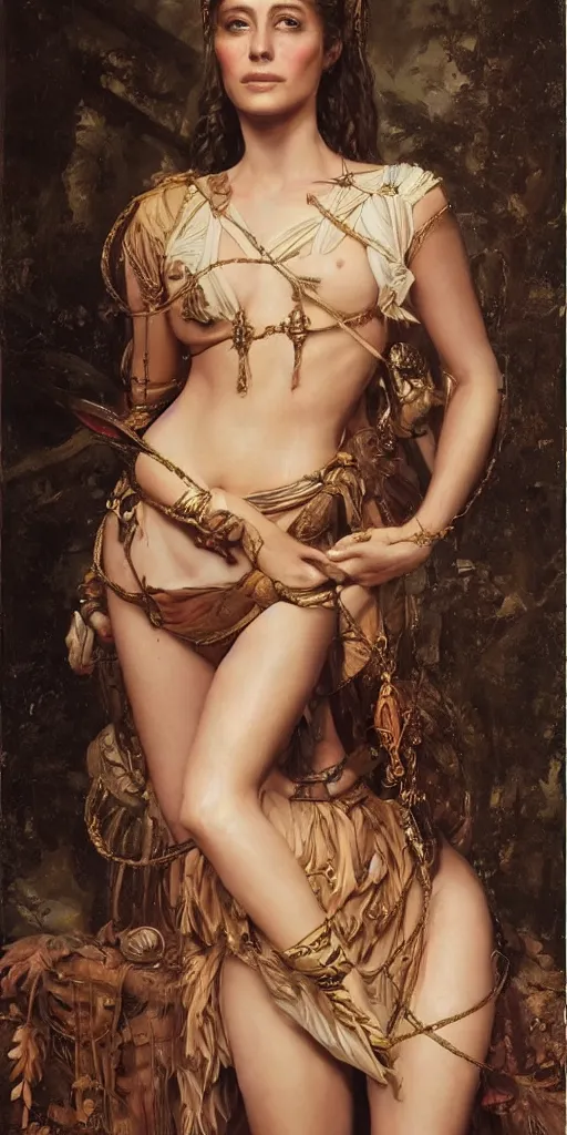 Image similar to the portrait of emanuelle beart as amazon in intricate dress by roberto ferri, fantasy, witcher, very detailed oil painting, masterpiece, 8 k