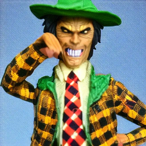 Image similar to plastic wolfman action figure with faded green face dressed in a plaid suit. 1 9 7 9 vintage