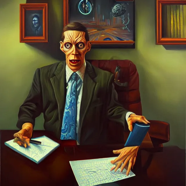 Image similar to an oil on canvas portrait painting of a business man in the office, polycount, surrealism, surrealist, lovecraftian, cosmic horror, high detail