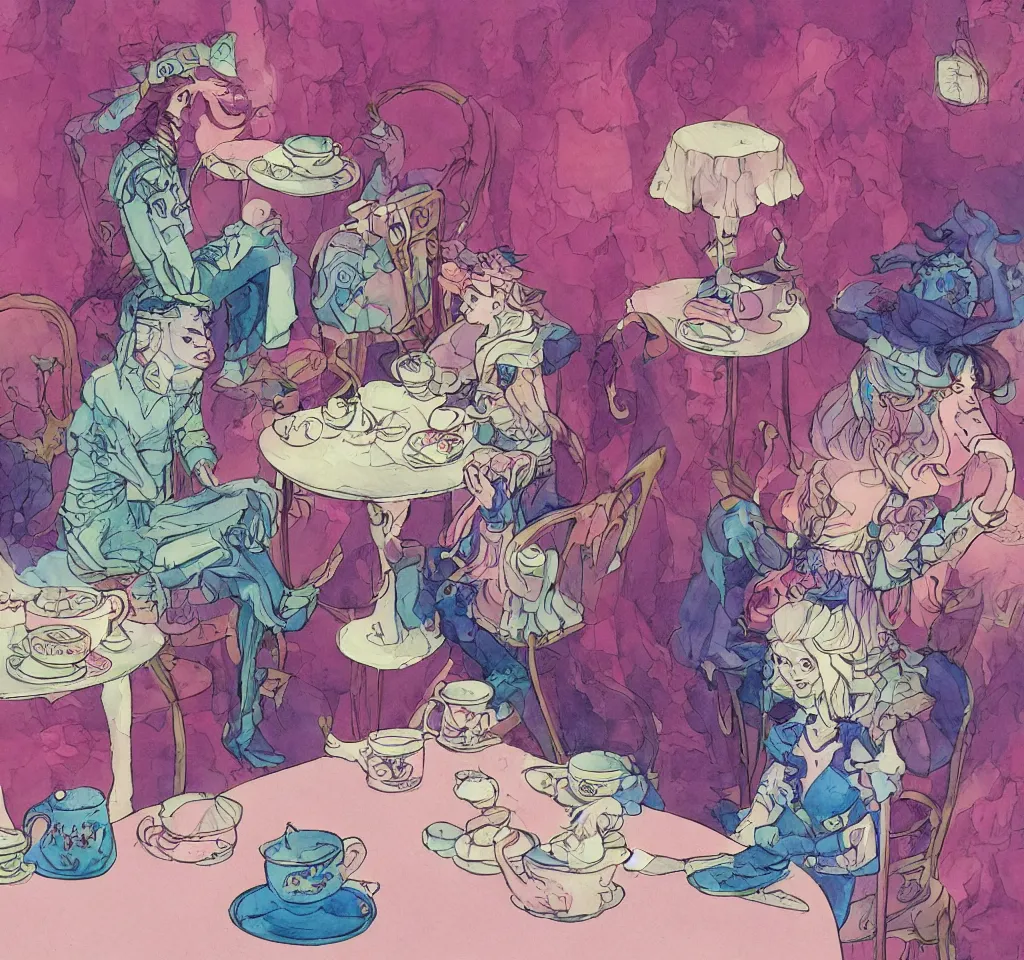 Image similar to soldier of chaos, mischief and beauty having tea alone at a table in a pastel fantasy land, surreal, glitched watercolor, chromatic abberation, trending on artstation, in the style of james jean feint, inspired by art nouveau