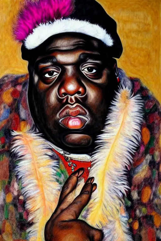 Image similar to full body!! a portrait of biggie smalls aka notorious b. i. g. wearing boho - chic style clothes, with a fur muffler and feathers, realistic painting in egon schiele style, masterpiece, hyperdetailed, complex, intricate, 4 k, hyperrealistic, trending on artstation