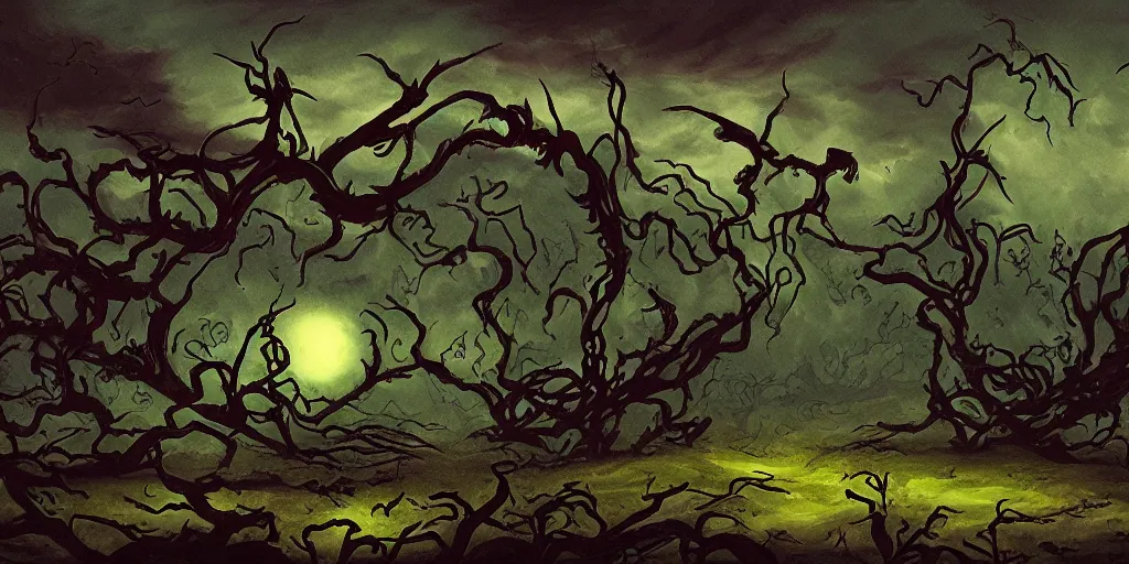 Image similar to a landcsape corrupted by a dark vine with numerous big thorns, painted in a surreal dark fantasy style