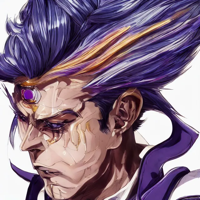 Prompt: handsome anime man channels the universe's energy in the style of jojo's bizarre adventure, ultrafine hyperrealistic detailed face illustration by kim jung gi, irakli nadar, intricate linework, sharp focus, bright colors, matte, octopath traveler, final fantasy, unreal engine highly rendered, global illumination, radiant light, intricate rainbow environment