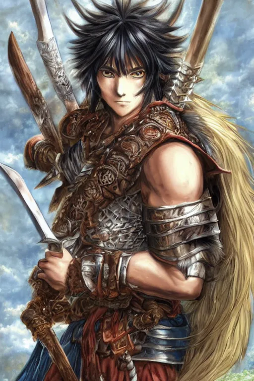 Image similar to A realistic anime portrait of a young handsome male barbarian with long wild hair, intricate fantasy spear, plated armor, D&D, dungeons and dragons, tabletop role playing game, rpg, jrpg, digital painting, by Yoshitaka Amano and Ayami Kojima and Akihiko Yoshida and Yusuke Murata, digtial painting, trending on ArtStation, SFW version