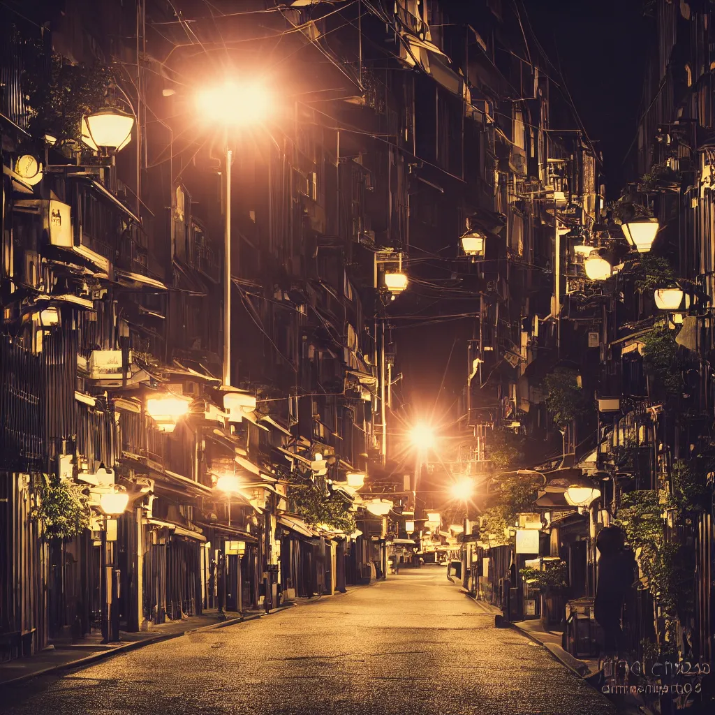 Image similar to photograph of kyoto street at night, bright street lamps, lens flare