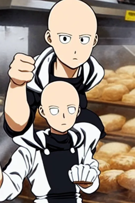 Image similar to saitama one punch man as a baker cooking bread, bakery