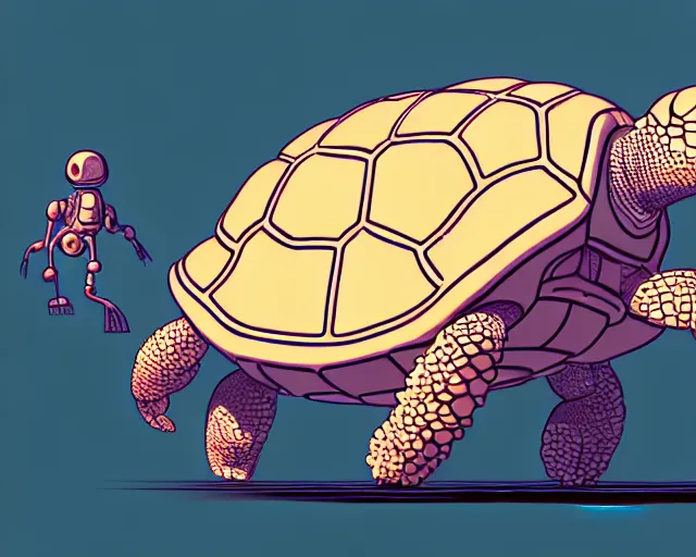 Image similar to a study of cell shaded cartoon of an adorable mechanized turtle with a tank treads, and a human head, illustration, wide shot, subtle colors, post grunge, concept art by josan gonzales and wlop, by james jean, Victo ngai, David Rubín, Mike Mignola, Laurie Greasley, highly detailed, sharp focus, alien, Trending on Artstation, HQ, deviantart, art by artgem