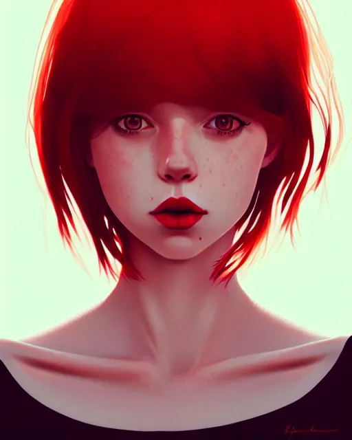 Prompt: a detailed portrait of a woman with red hair and freckles by ilya kuvshinov, digital art, dramatic lighting, dramatic angle