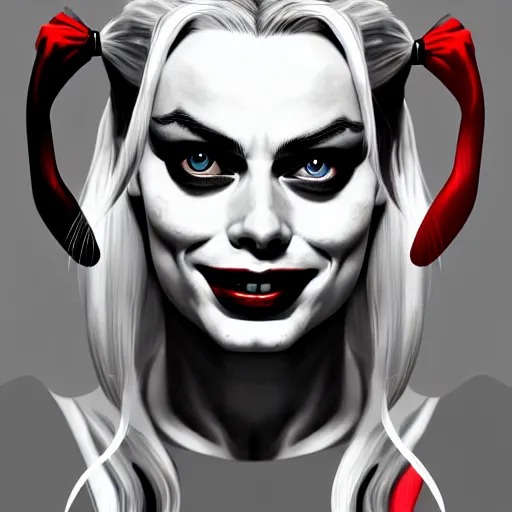 Image similar to Margot Robbie as Harley Quinn as a vampire, highly detailed, digital painting, artstation, concept art, smooth, sharp focus, illustration, art by yoji shinakawa, black and white, red