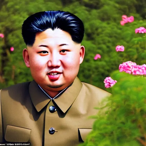 Image similar to colour araki nobuyoshi style close - up photography of detailed north korean kim chen with detailed smiling face, smelling detailed weed bush