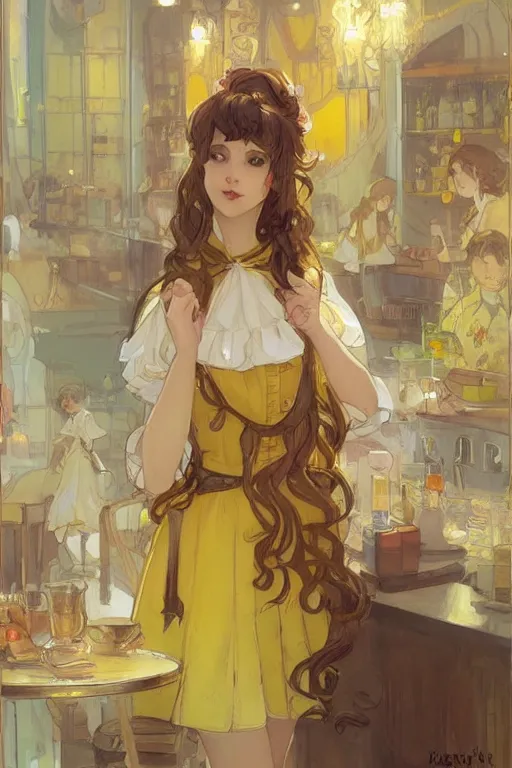 Image similar to A girl in a maid's outfit in a cafe a afternoon, wavy hair yellow theme,S line,45 angel by krenz cushart and mucha and trnyteal and greg rutkowski