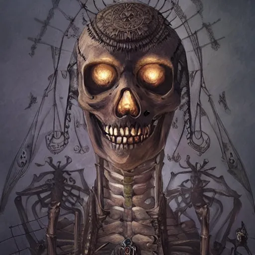 Image similar to “a grinning skeleton who has come to life, egyptian motifs, spooky scary skeleton come to life, D&D, fantasy, intricate, cinematic lighting, highly detailed, digital painting, artstation, concept art, smooth, sharp focus, illustration, art by Artgerm and Greg Rutkowski and Alphonse Mucha”