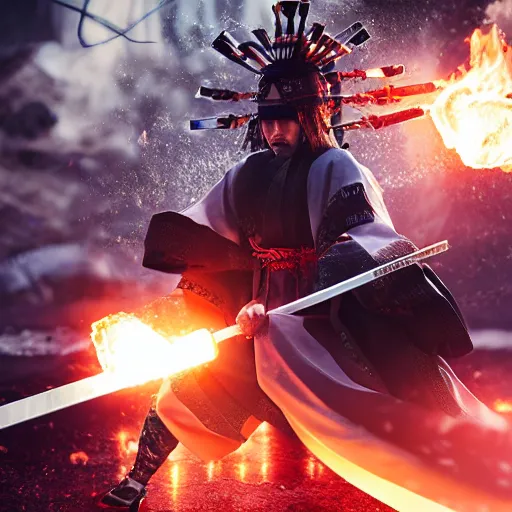 Prompt: japanese samurai disintegrating into crystals wielding a flaming katana, volumetric lighting, dynamic composition, hyper detailed, ultra realistic, sharp focus, octane render, concept art