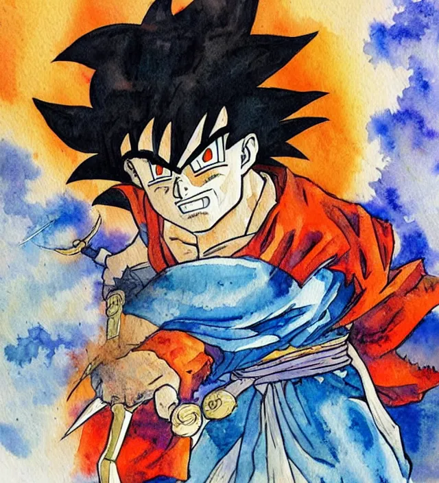 Image similar to a 3 / 4 view watercolor ink painting of goku as a knight in the style of jean giraud in the style of moebius trending on artstation deviantart pinterest detailed realistic hd 8 k high resolution