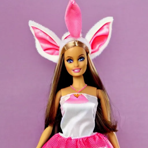 Image similar to barbie doll, bunny costume, playboy, rabbit ears, plaid tights, full length, raspberry banana color, lace