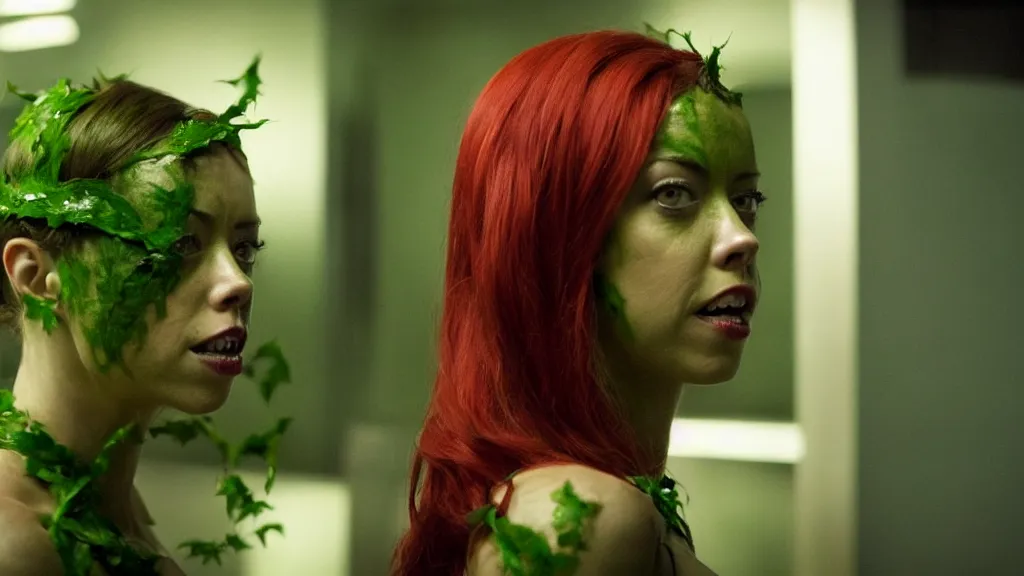 Image similar to Aubrey Plaza as Poison Ivy in The Dark Knight, green skin film still from the movie directed by Denis Villeneuve, wide lens