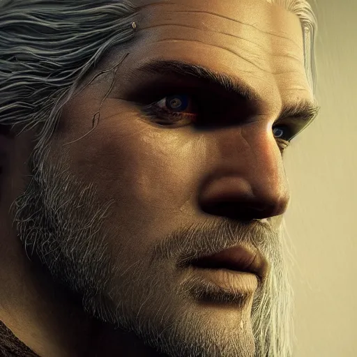 Image similar to close up of Geralt of Rivia, depth of field, 8k, 35mm film grain, unreal engine 5 render dramatic, intricate, elegant, highly detailed, digital painting, artstation, concept art, smooth, sharp focus, illustration, octane render, art by Leesha Hannigan, Ross Tran, Thierry Doizon, Kai Carpenter, Ignacio Fernández Ríos