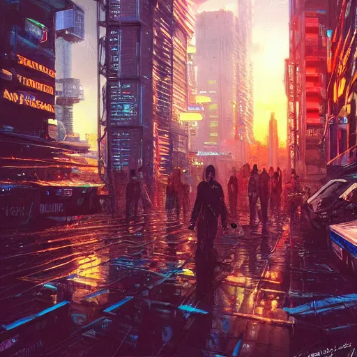 Image similar to Cyberpunk city, street vendors, citizens, augmented cyborgs, robots, skyscapers, buildings, clouds, sunset, painted by seb mckinnon, high detail, digital art, trending on artstation