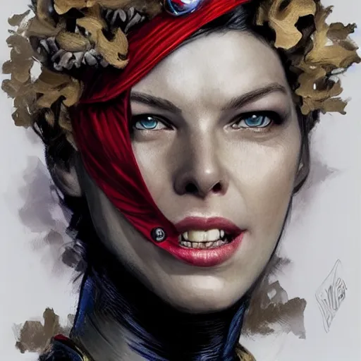 Prompt: captain america as an attractive young smiling woman played by milla jovovich wearing a mushroom crown and heavy armoured wedding dress, face portrait, hd shot, digital portrait, elegant, beautiful, fantasy art, artstation, comic style, by artgerm, guy denning, jakub rozalski, magali villeneuve and charlie bowater