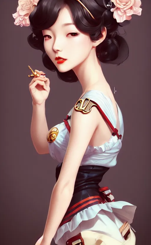 Image similar to a pin up and beautiful fashion charming dreamlke korea girl with lv jewelry, character art, art by artgerm lau and kyoung hwan kim and and ilya kuvshinov and john singer sargent, hyperdetailed, 8 k realistic, symmetrical, frostbite 3 engine, cryengine, dof, trending on artstation, digital art