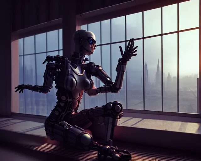 Image similar to armored female with biomechanical cybernetic body is drinking coffee near a window with dystopian city visible outside. very detailed 8 k. cyberpunk fantasy style. unreal engine render. global illumination. nanite. rtx. path tracing.