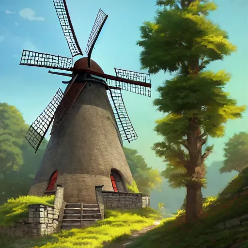 Image similar to concept art painting of a historic windmill with european and japanese architecture, in a small medieval village surrounded by trees, in a mountain valley, realistic, detailed, cel shaded, in the style of makoto shinkai and greg rutkowski and james gurney