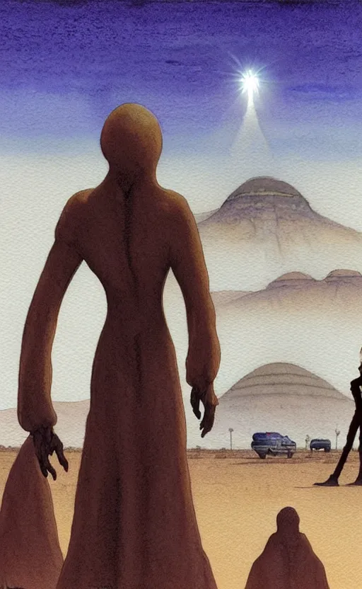 Image similar to a hyperrealist watercolour character concept art portrait of a 1 0 ft. tall thin alien with a high forehead on a misty night in the desert. a small group of people are watching from the foreground. a ufo is in the background. by rebecca guay, michael kaluta, charles vess and jean moebius giraud