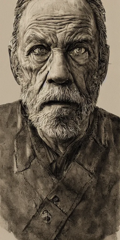 Image similar to hyper-detailed, high contrast, portrait, symmetrical, old grizzled man, scowl, rim lighting