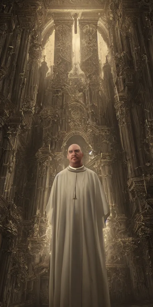 Image similar to a highly realistic and detailed full Priest standing in a dark dirty basement holding a rosary, wide angle 70mm lens, volumetric haze, front facing camera, symmetrical, photorealistic, insanely detailed and intricate, epic, hyper realistic, elegant, ornate, elite, horror, creepy, ominous, haunting, cinematic lighting, unreal engine, cinematic centered camera, high detail, no blur, unreal engine 8k