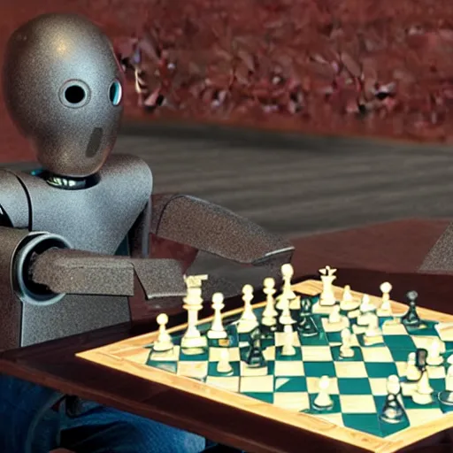 Prompt: clever robot playing chess sitting at a table